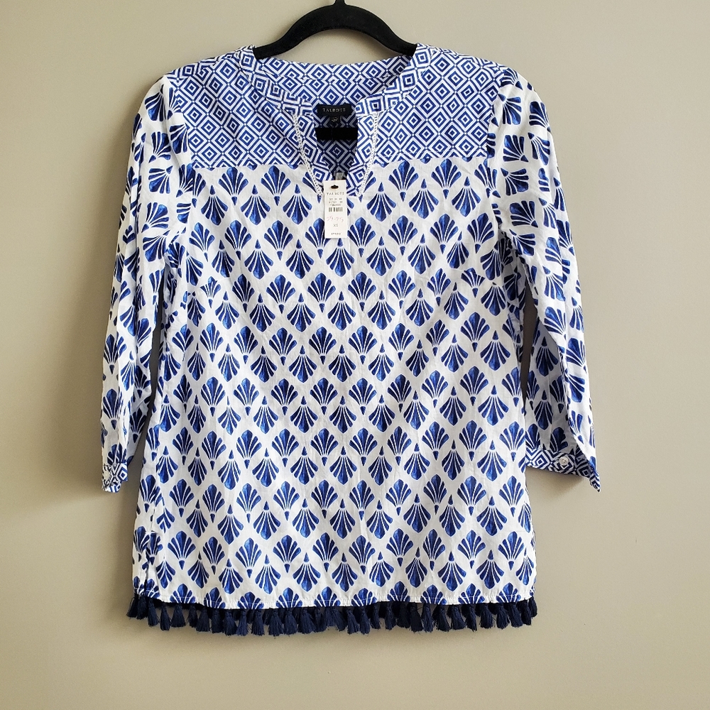 Talbots NWT Tassel Fringe Printed Boho Seashell Tunic in Blue and White Size XS - Picture 2 of 8